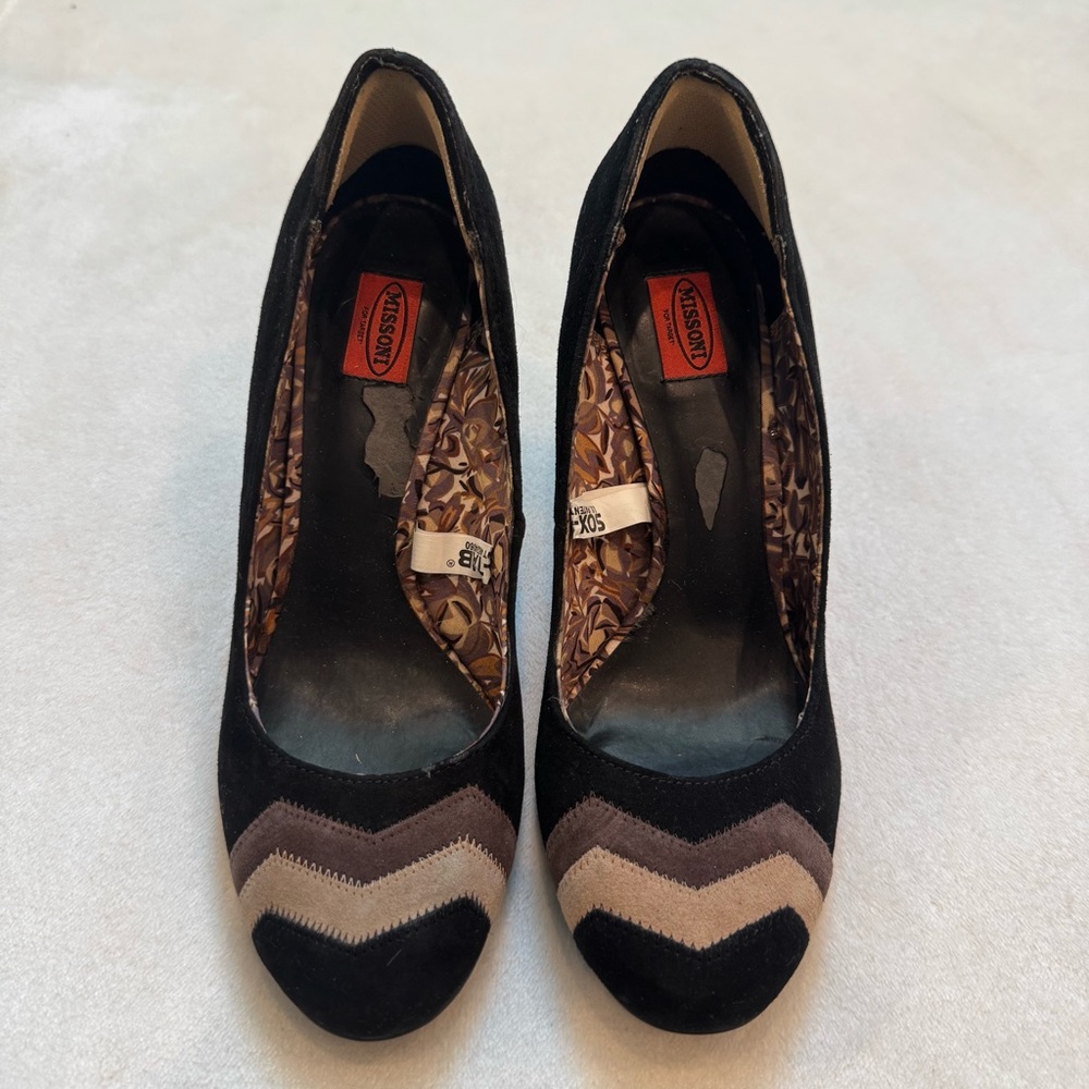 MISSONI Heels, Chevron Black and Brown Suede Leather Heels